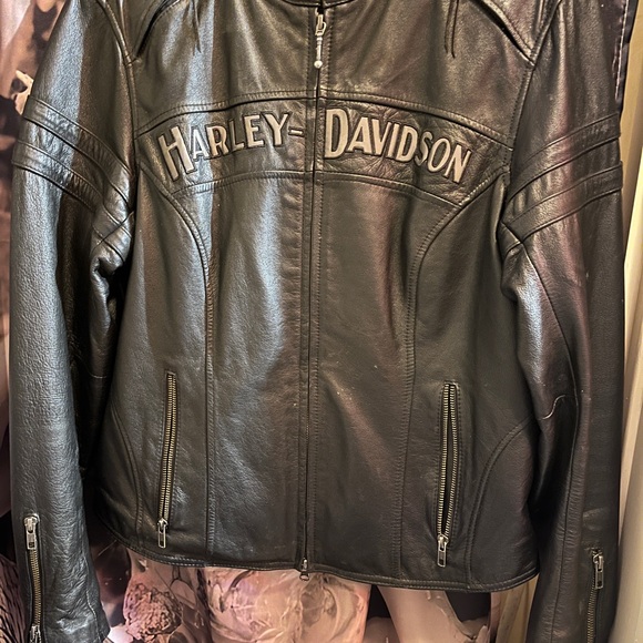 Harley-Davidson Black Embossed Logo Leather Riding Jacket Women’s Size Large - Picture 2 of 6